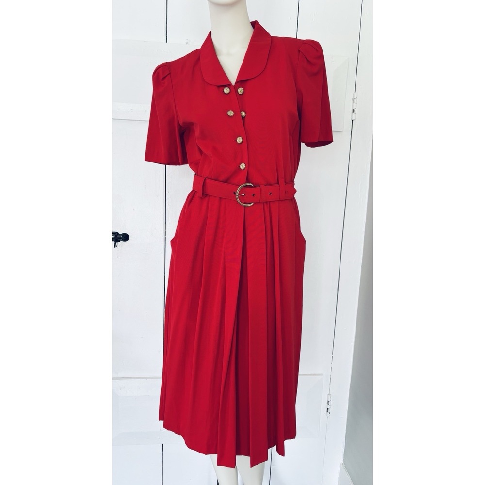 Vintage 80s Peri Petites Red Shift Dress Size 8‎ Button Up Cap Sleeves W/pockets
